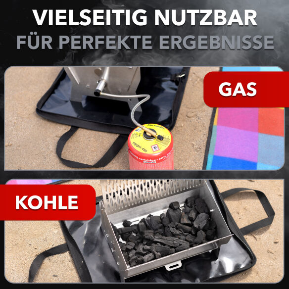 OVICUE Edelstahl Gas- & Holzkohle Steckgrill L inkl. Tasche & Gaskartusche 500gr